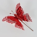 Single-layer red velvet Christmas butterfly pick with hollow lace and glitter decoration - THF09 Double Layer Hollow / Red