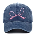 Close-up of pink bow embroidery on dark blue washed denim baseball cap with retro texture - Adjustable / Navy Blue