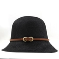 Cappello a secchiello in paglia nera da donna con cinturino in pelle e fibbia - M (56-58cm) / Nero