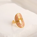 Adjustable gold stainless steel ring featuring a large oval pink enamel pattern - Adjustable Open / 18K Gold Plated Oval Pink