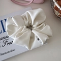Oversized cream ballet style satin scrunchie with bow label for elegant hairstyles - Matte Off-white