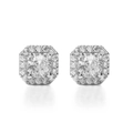 Détail de boucles d'oreilles halo carrées avec diamants pavés ronds sur fond blanc éclatant - Boucles d'Oreilles Clous Carrées Zircon Blanc Argent 1 Paire