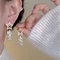Close-up of gold star zircon earrings with crystal tassels on a model for elegant jewelry style - Gold Pentagram Rhinestone Tassel Ear Clip Style (1550 Ear Clip)