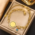 18K gold plated stainless steel double layer twist chain bracelet with evil eye charm - Gold Round Tag with Evil Eye (B-43)