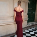 Detail of the back cross-tie design on a sleek dark red satin slim-fit slit maxi dress - S / Burgundy