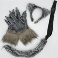 Halloween wolf costume set with fuzzy ears headband, claw gloves, and long plush tail - Wolf Leather Gloves 4-Piece Set