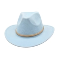 Detailed close-up of light blue felt fedora with a golden woven decorative band - One Size / Sky Blue