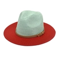 Two-tone straw fedora hat in mint green and red with brown leather band for summer travel - M (56-58cm) / Red & Mint Green