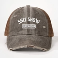 Close-up of distressed brown trucker hat featuring a Shit Show Supervisor printed slogan - One Size / Coffee