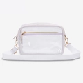 Clear PVC crossbody travel bag with light purple trim and white canvas shoulder strap - Quilted / White