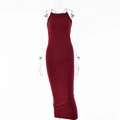 Detailed side view of a wine red bodycon slit dress on a female mannequin with clean white background - L / Burgundy