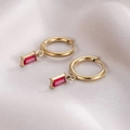 Elegant gold minimalist huggie earrings featuring a rectangular red gemstone pendant - 14K Gold Red Zirconia