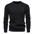 Detail of cable knit pattern and red giraffe embroidery on black men's sweater - S / Black