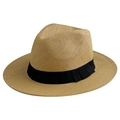 Cappello fedora classico in paglia kaki con nastro nero e trama intrecciata traspirante - M (56-58cm) / Marrone