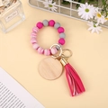 Bracelet porte-clés en perles de silicone colorées avec bois de hêtre et gland en cuir - Patchwork Gris Fuchsia