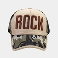 Detail of ROCK letter embroidery and camouflage mesh panels on this baseball cap - Brown Khaki