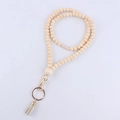 Detail of wooden bead teacher lanyard featuring a smiley face bead and light grey tassel - Smiley Face