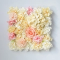 Detailed top view of silk rose and hydrangea flower wall panel in peach and cream colors - Yellow-Pink