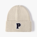 Beige ribbed knit beanie with blue letter P patch for women's winter warmth - Beige