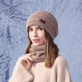 Set berretto e scaldacollo in maglia kaki con fodera in pile e toppa in pelle per inverno - Cachi