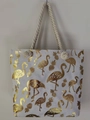 Linen canvas tote bag in light grey featuring golden flamingo and pineapple patterns - Gold Flamingo