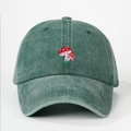 Detailed view of mushroom embroidery on retro washed green cotton baseball cap - One Size / Dark Green