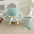 Kids mint green straw hat and matching crossbody bag set with lace bow details - 54cm (3-8 Years) / Blue