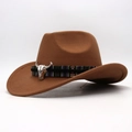 Chapeau de cowboy marron en feutre avec ornement tête de taureau et bande tressée - Kaki