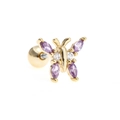 Golden butterfly stud earring featuring purple marquise crystals and a ball screw back - Purple/Gold/Large
