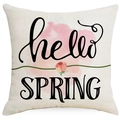 Linen decorative square pillowcase featuring hello spring text and pink floral watercolor - 18x18 Inch / Hello Spring Rose (YD526-4)