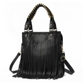 Black leather crossbody bag with long tassels and golden woven chain handle - Black
