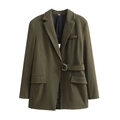 Women's dark olive green long sleeve blazer jacket with adjustable waist tie - S / Army Green