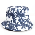 Close-up of white bucket hat with blue palm tree prints and reinforced stitching - M (56-58cm) / Navy Blue