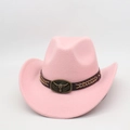 Pink western felt cowboy hat with a brown leather belt and golden bull head ornament - One Size / Pink