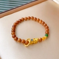 Brown beaded bracelet with gold Pixiu charm and colorful gemstone accents for good luck - 47# Coffee Pixiu Coin