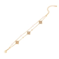Double-layered gold titanium bracelet featuring clover crystals and imitation pearls - Flower & Faux Pearl