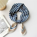Blue and white striped silk square scarf with khaki accents and polka dot border - Beige Navy Geometric Maze