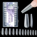 Size chart for silver-grey long coffin soft gel nail tips with detailed dimensions - 240 Count / Extra Long Coffin