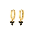 Gold hoop earrings featuring a black three-leaf clover gemstone pendant on white background - Clover Gemstone Style (F677) / Gold Black Zirconia