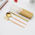 Golden stainless steel cutlery set with pink handles in beige and yellow storage box - Type F Orange Yellow+Gold