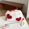 White plush cosmetic bag with red hearts and soft top handle for makeup storage - Handheld Plush White With Red Hearts