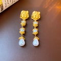 Baroque pearl drop earrings in gold finish with vintage metallic textured accents - Golden Folded Baroque Pearl (HE11268)
