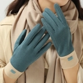 Winter teal suede gloves with beige faux fur cuffs and fashion labels for women - Lake Blue