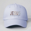 Close-up of lavender cotton baseball cap featuring JESUS print and religious text - One Size / Sky Blue