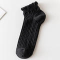 Women's black mid-calf cotton socks with stylish frilly edges and classic twist-knit texture - No-Show Socks / Black