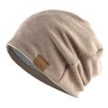Slouchy khaki knit beanie featuring a brown leather FS logo patch and grey lining - Thin Style / Khaki