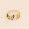 Adjustable gold butterfly ring featuring green enamel wings and pink marquise gemstone - Adjustable Open / Double Butterfly Asymmetric Style (5#)