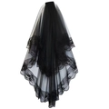 Elegant multi-layered black bridal veil with delicate lace edges on a white background - Black Large Lace Edge