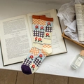 Vintage argyle and floral knit cotton crew socks in cream and orange colors - One Pair of Small Red Flowers