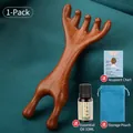 Natuurlijke sandelhouten massagekam set met essentiële olie en blauwe opbergzak - 1 stuk Kikker Massager + Etherische Olie + Tas + Kaart